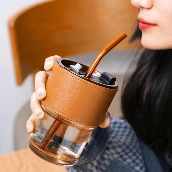 Premium Coffee Cup Glass Mug With Lid And Straw