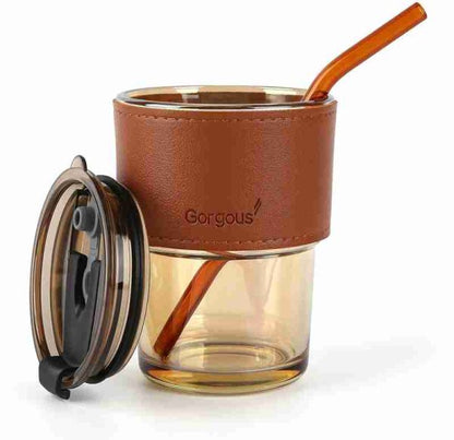 Premium Coffee Cup Glass Mug With Lid And Straw