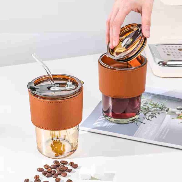 Premium Coffee Cup Glass Mug With Lid And Straw
