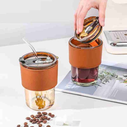 Premium Coffee Cup Glass Mug With Lid And Straw